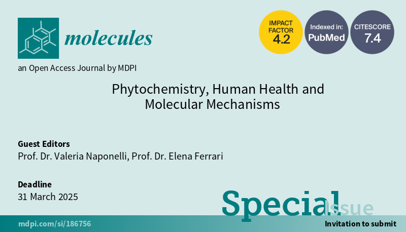 Molecules_MDPI's tweet image. 📢 New Special Issue Open for Submissions: &quot;Phytochemistry, Human Health and Molecular Mechanisms&quot;
✏️ Guest edited by Prof. Dr. Valeria Naponelli and Prof. Dr. Elena Ferrari
🔗 brnw.ch/21wMvxj
🌽 #bioactive_compounds #bioavailability #bioactivity #human_metabolism