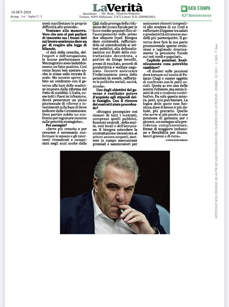 CislNazionale's tweet photo. #LuigiSbarra su ‘La Verità’: «Occorre aprire subito un confronto con il governo alla luce delle scadenze imposte dalla riforma del Patto di stabilità. L’Italia, come tutti i paesi in infrazione, dovrà presentare un piano pluriennale di riforme e investimenti sulla base di linee indicate dalla Commissione. Deve partire subito un confronto per ragionare insieme sulle priorità strategiche»