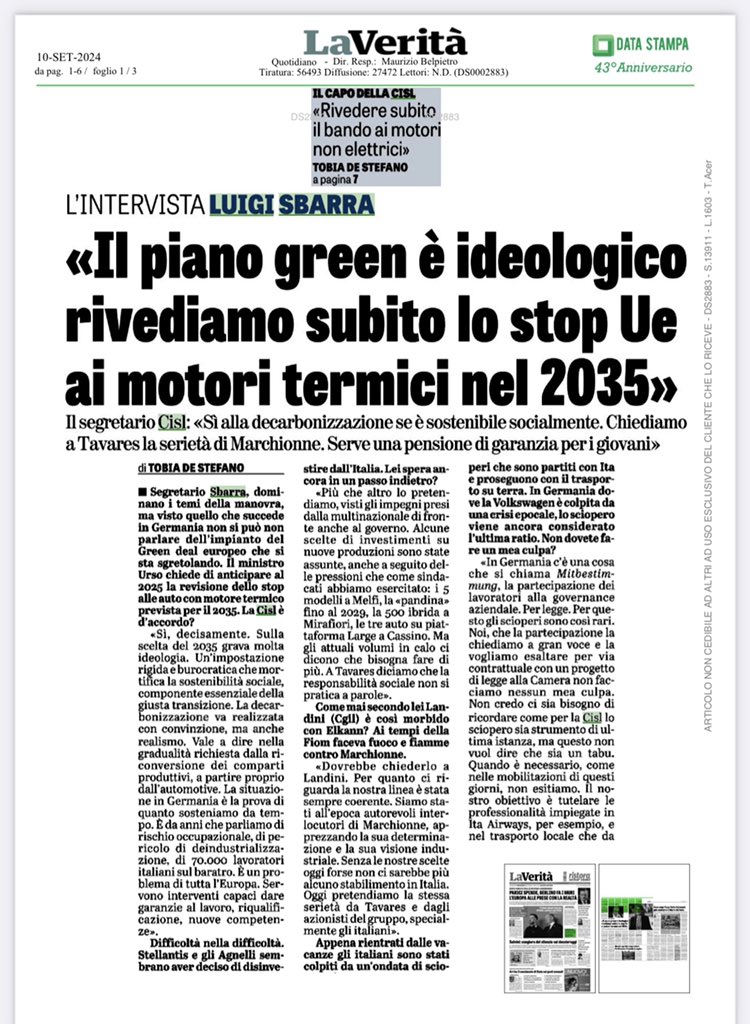 CislNazionale's tweet photo. #LuigiSbarra su ‘La Verità’: «Occorre aprire subito un confronto con il governo alla luce delle scadenze imposte dalla riforma del Patto di stabilità. L’Italia, come tutti i paesi in infrazione, dovrà presentare un piano pluriennale di riforme e investimenti sulla base di linee indicate dalla Commissione. Deve partire subito un confronto per ragionare insieme sulle priorità strategiche»