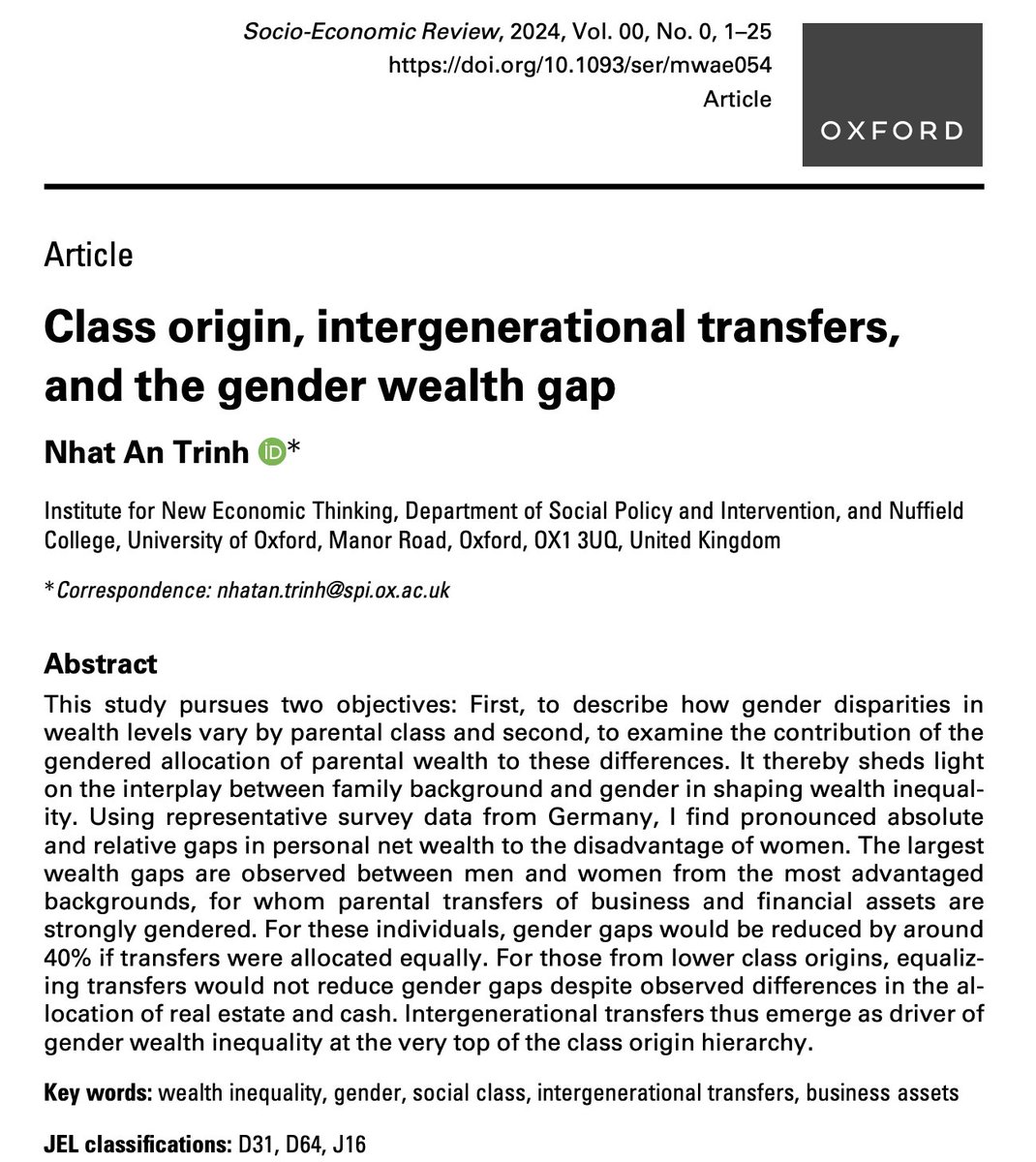 My latest article is hot of the press 🔥 <a href="/SASE_Meeting/">SASE</a> Key finding: Lower transfers of business assets to daughters drive large gender wealth disparities among children from highly advantaged family backgrounds 👉doi.org/10.1093/ser/mw… #OpenAccess