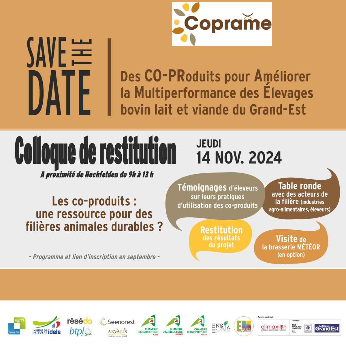 InstitutElevage's tweet image. Agenda 📅 | Séminaire du projet #Coprame
Résultats &amp;amp; échanges autour des #coproduits
👉 Plus-values des #coproduits pour les #éleveurs 🐄🐂
👉 Apport des coproduits à l’agriculture de la région : économie circulaire, empreinte carbone...
ℹ️ + d'info : cutt.ly/GeEMOC2X