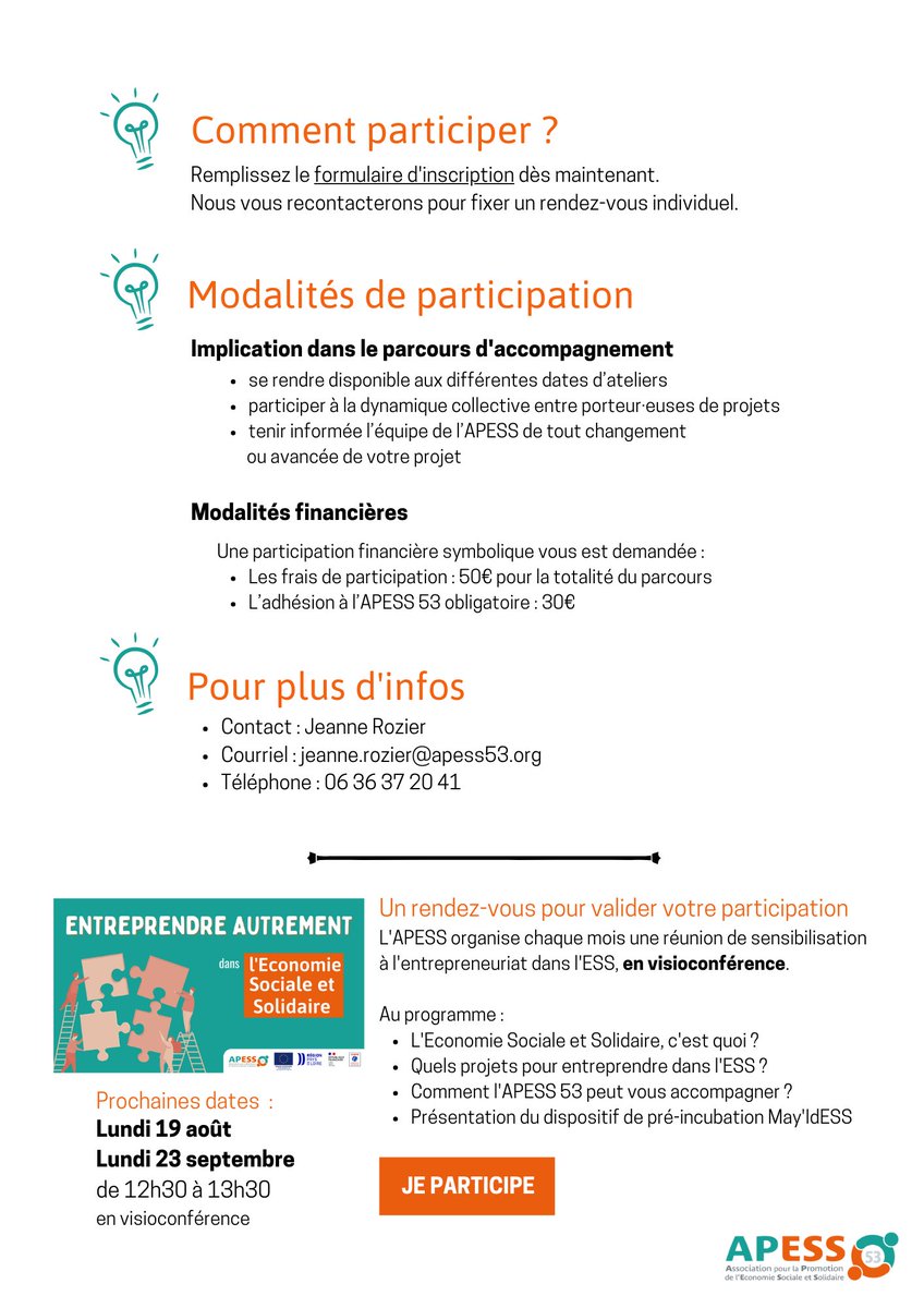 ⌛ La prochaine session commence dans 1 mois...
Rendez-vous du 9 octobre au 4 décembre pour May'IdESS
 👉 lnkd.in/eGFwCpug

#AAP #appelaprojet #ESS #Innovationsociale #Mayenne