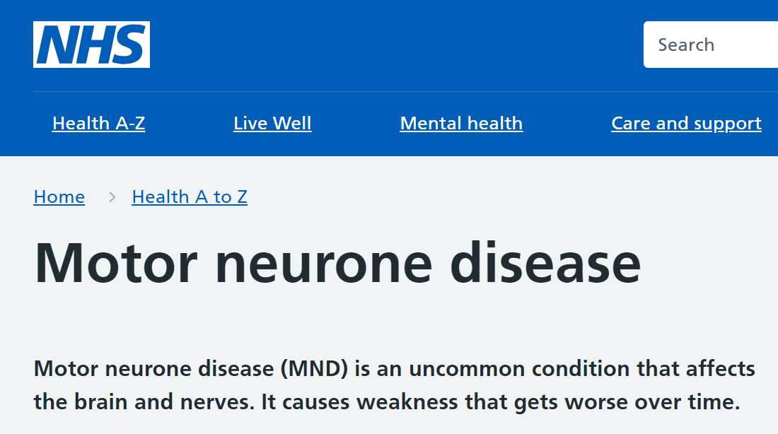 Jaynes__World's tweet photo. 🙏 PLEASE amend your website in relation to motor neuron disease, #NHS!

#MND is NOT uncommon; the reason so few are living with #MND is because so many are dying!

EVERYONE has a one in 300 lifetime risk of being diagnosed with brutal and devastating #MND!

#MND #MoreNeedsDoing! https://t.co/vLKcCHYp00