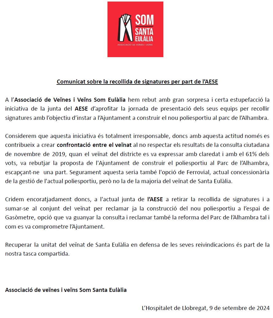 AVVSomSEulalia's tweet photo. En relació a la recollida de signatures per part de l'AESE, per instar a l'ajuntament a construir el nou poliesportiu al Parc de l'Alhambra, emetem el següent comunicat. https://t.co/2T6GKNKiyo