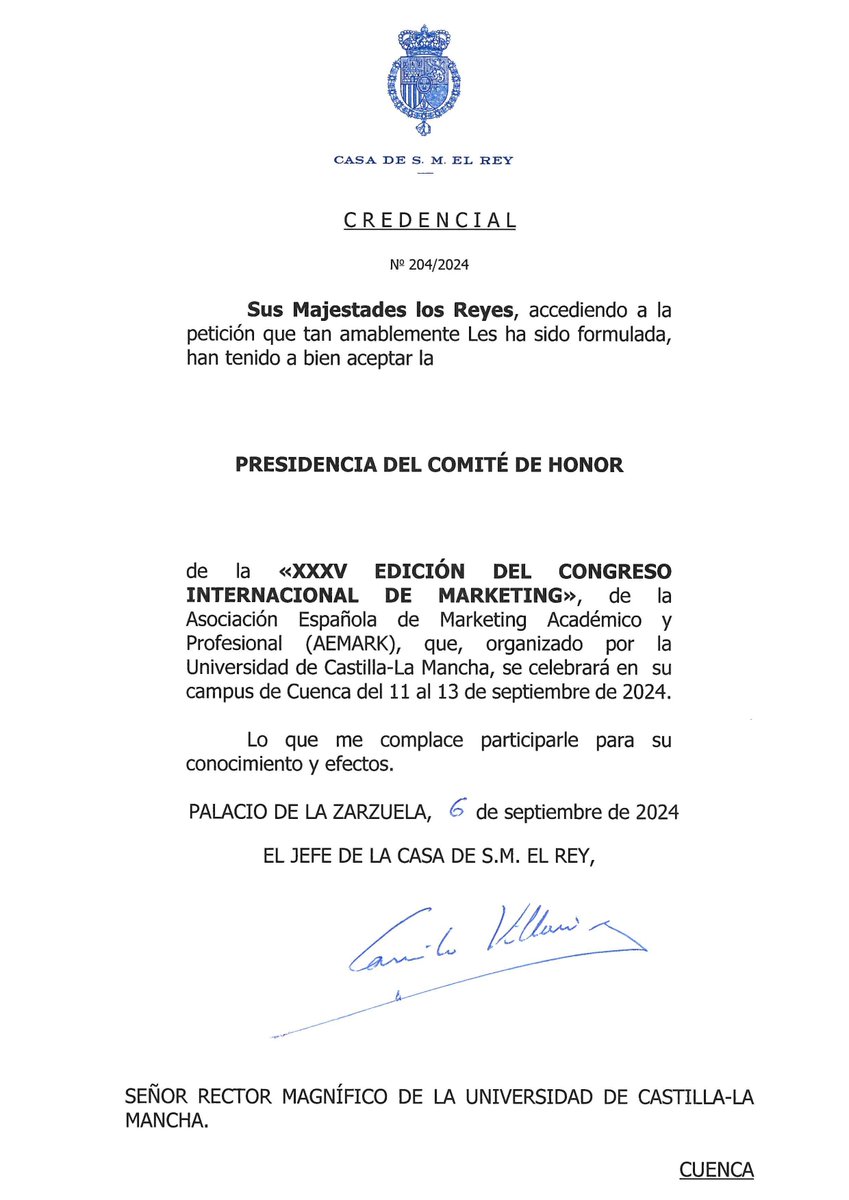 AEMARK (@aemark) on Twitter photo 📢 Con gran alegría, nos complace anunciar que SSMM los Reyes han aceptado nuestra propuesta para presidir el Comité de Honor del XXXV Congreso Internacional de Marketing #AEMARK24. Gracias a <a href="/CasaReal/">Casa de S.M. el Rey</a> por su gestión y al Rector <a href="/uclm_es/">Universidad de Castilla-La Mancha</a> <a href="/GardeJulian/">Julian Garde</a> por todo su apoyo 📢 Con gran alegría, nos complace anunciar que SSMM los Reyes han aceptado nuestra propuesta para presidir el Comité de Honor del XXXV Congreso Internacional de Marketing #AEMARK24. Gracias a <a href="/CasaReal/">Casa de S.M. el Rey</a> por su gestión y al Rector <a href="/uclm_es/">Universidad de Castilla-La Mancha</a> <a href="/GardeJulian/">Julian Garde</a> por todo su apoyo