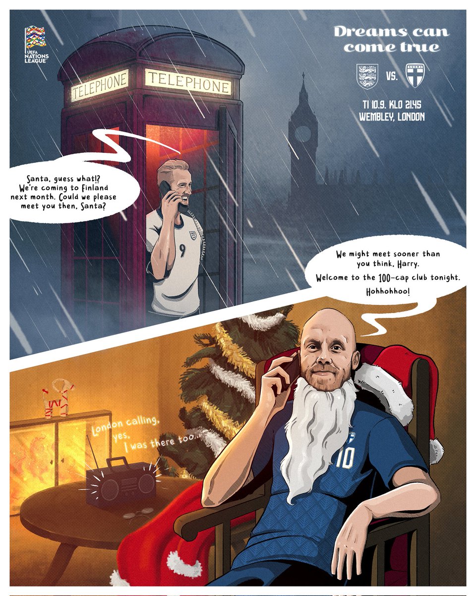 𝑫𝙍𝑬𝘼𝑴𝙎 𝘾𝑨𝙉 𝘾𝑶𝙈𝑬 𝑻𝙍𝑼𝙀 𝙏𝑶𝙉𝑰𝙂𝑯𝙏. 𝑌𝑜𝑢 𝑗𝑢𝑠𝑡 ℎ𝑎𝑣𝑒 𝑡𝑜 𝑏𝑒𝑙𝑖𝑒𝑣𝑒. 🇫🇮🌌🎅

23 vuotta edellisestä kohtaamisesta. Tehdään tästä päivästä yhdessä ikimuistoinen. 🦉✨

🎨: <a href="/merihyvart/">Meri</a>

#Huuhkajat #ENGFIN #UNLfi #NationsLeague #MeOlemmeSuomi