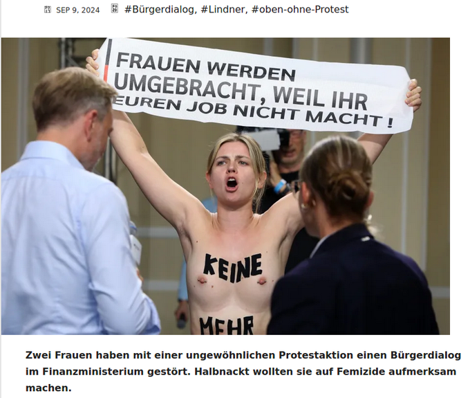 RAMSESderDritte's tweet photo. Zwei Frauen haben mit einer ungewöhnlichen Protestaktion einen Bürgerdialog im #Finanzministerium gestört. #Halbnackt wollten sie auf #Femizide aufmerksam machen.
https://t.co/Dc07aPFKsA https://t.co/VWrXOEpJM4