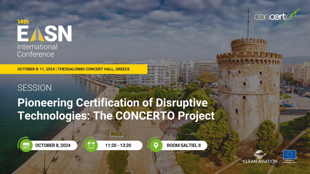 CONCERTO_EUproj's tweet photo. 🚀 Exciting news from @CONCERTO_EUproj ! 
We are thrilled to announce that CONCERTO will be participating in the 14th @EASN_Conference in Thessaloniki, Greece, from October 8-11, 2024. 🎉
👉"Pioneering Certification of Disruptive Technologies: The CONCERTO Project"
Join us! https://t.co/VpDCpIXVrs