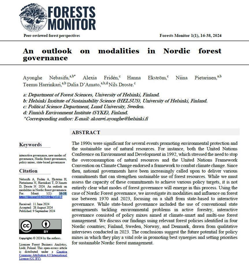 Hot off the press #ForestPerspectives paper "An outlook on modalities in Nordic forest governance" by Nebasifu et al. 
👉Read the whole paper here (open access): doi.org/10.62320/fm.v1…