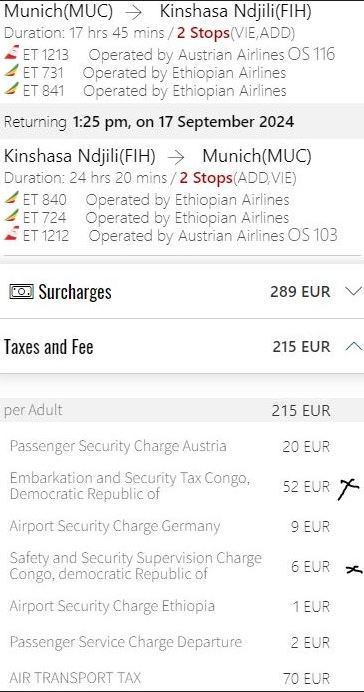 JMuzyanda16169's tweet photo. Au départ de l’espace Schengen, le billet Ethiopian Airlines inclut deux taxes pour le compte de la RDC (53 Euro et 6 Euro) taxes embarquement et sureté, pourtant à la sortie de la RDC, nous payons encore hors billet 50$ pour le GO pass et 5$ pour une taxe provinciale.

Les amis, pouvez-vous m’aider à comprendre si nous ne sommes pas dans une situation d’une double taxation ? Possible de taguer la RVA de nous éclairer aussi sur la différence et l’importance de ces multiples taxes ? @chauffeur243, @IsralMutombo11