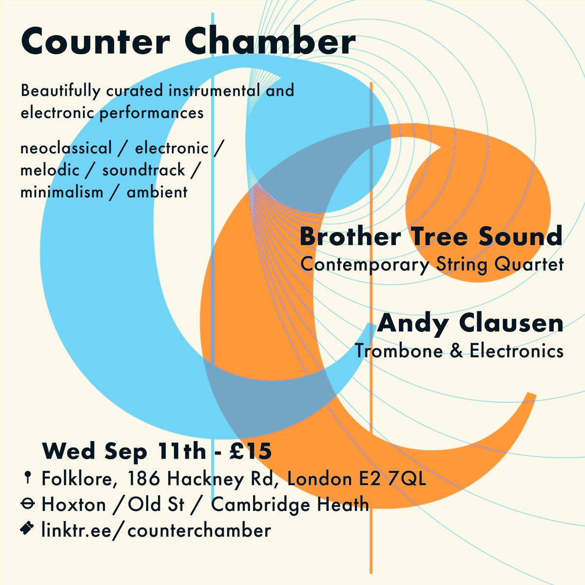 counterchamber's tweet photo. Tomorrow! Join us at Folklore in London for another evening of unique and beautiful live music. 

With new music from contemporary string quartet @BTreeSound and genre-bending trombone and electronics from @aclausent (Westerlies, Fleet Foxes)

Tickets: https://t.co/mCNHJOvYB5 https://t.co/3N5E9B0Vip