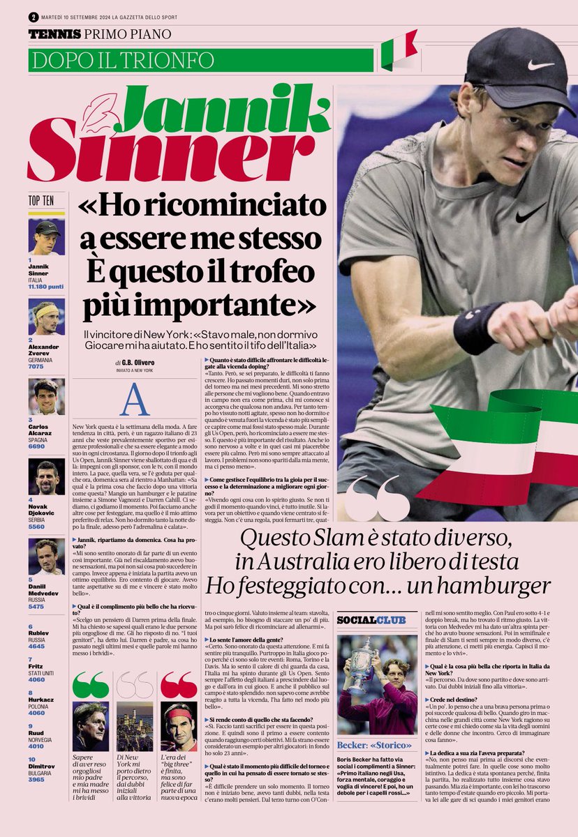 L’hamburger 🍔 protagonista di tutte le interviste esclusive (che non lo sono) a #Sinner.
<a href="/francescocosta/">Francesco Costa</a>