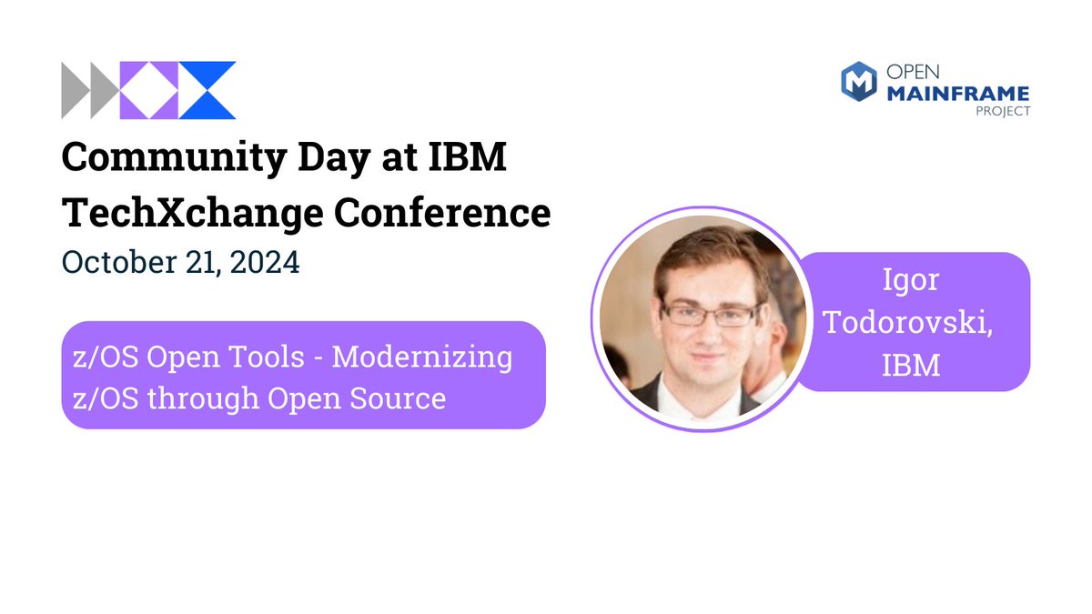 OpenMFProject's tweet image. Unlock z/OS Modernization! Join us at Community Day during #IBMTechXchange for Igor Todorovski's session on z/OS Open Tools. Learn about the latest updates, including #Git, #GitHubCLI, and the zopen package manager! hubs.la/Q02LN11t0 @IBM, @IBMCommunity