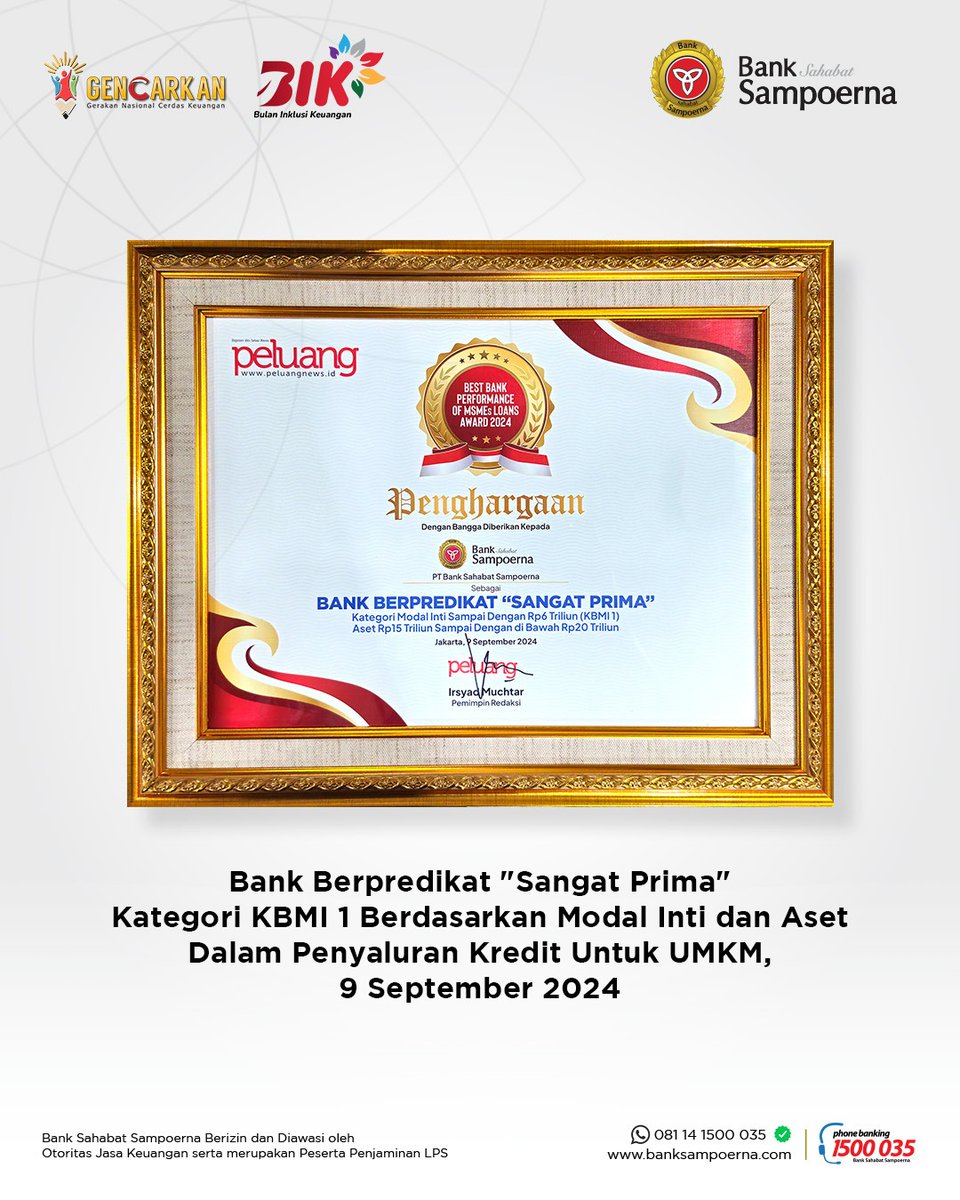 Bank Sahabat Sampoerna meraih penghargaan sebagai Bank Berpredikat "Sangat Prima" di Kategori KBMI 1 Berdasarkan Modal Inti dan Aset Dalam Penyaluran Kredit Untuk UMKM dalam ajang Best Bank Performance MSMEs Loan Award 2024 pada 9 September 2024

Pencapaian ini merupakan bukti