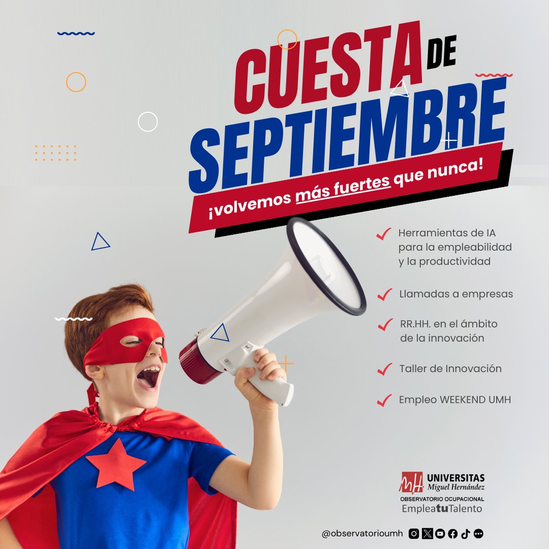 📢¿Estudiante o titulado <a href="/UniversidadMH/">UMH</a> ? 📝Esto TE INTERESA 🗓️ SEPTIEMBRE viene cargado de #ACTIVIDADES  y el #Observatoriocupacional te propone #talleres #jornadas y #eventos de gran valor

¡INSCRÍBETE!  
👉universite.umh.es/observatorio/ &gt; Formación &gt; Cursos y jornadas &gt; Jornadas UMH