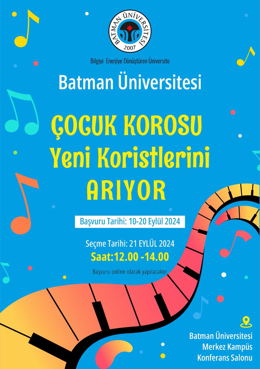 Üniversitemiz Çocuk Korosu Yeni Yetenekler Arıyor!
<a href="/YuksekogretimK/">Yükseköğretim Kurulu (YÖK)</a> <a href="/erolozvar/">Erol Özvar</a> <a href="/idris_prof/">Prof. Dr. Idris Demir</a> 
Detaylar👇🏼
batman.edu.tr/haberler/unive…