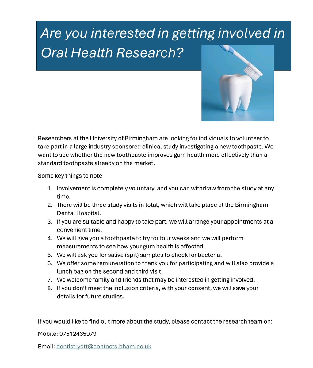 Good morning all! We're excited to announce that we're starting a clinical trial of a new toothpaste at the Birmingham Dental Hospital. If you're interested in taking part, please get in touch 😊🦷🪥  <a href="/BchcDental/">BCHC Dental Services Division</a> <a href="/bhamcommunity/">@bhamcommunity</a> <a href="/UoB_Dentistry/">UoB School of Dentistry</a> <a href="/unibirm_CMH/">College of Medicine and Health (UoB)</a> <a href="/unibirmingham/">Uni of Birmingham</a>