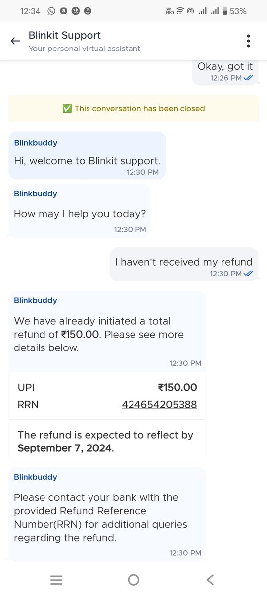 Harman07077's tweet photo. @letsblinkit Hi I ordered at the blinket app date 2sep 2024 . I have not received my order and my payment has not been refunded, nor do you have any customer care number that I can contact.@letsblinkit  look into this matter screenshot attached in chat https://t.co/W3sNeudjnu