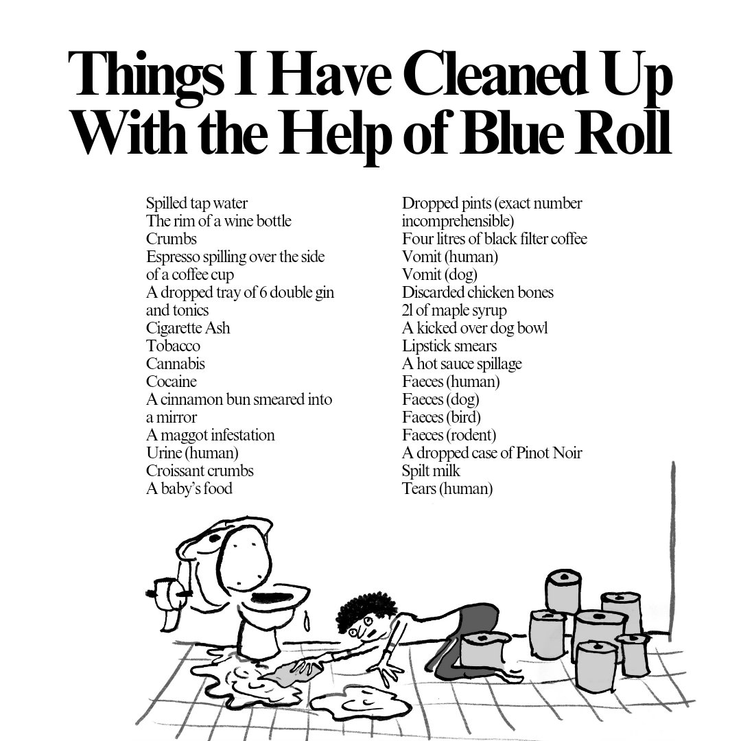 Things I Have Cleaned Up With the Help of Blue Roll 🫧

Words by Rachel Hendry and illustration by Hannah Robinson for last year's Service, Please! 📝🎨