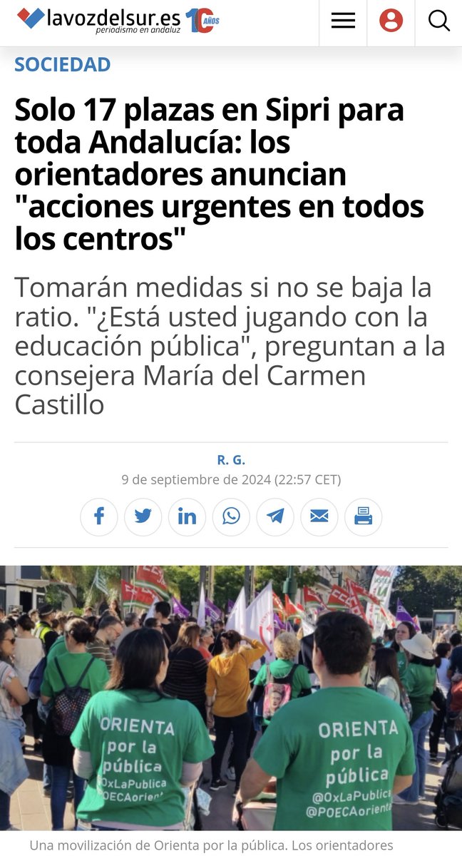 🆘 RATIOS de 1500 alumnos por orientador en IES y hasta 5 CEIP. 

🆘 Recorte de plazas en COMPENSATORIA. Centros que tenían 3 o 4 UA ahora solo tienen 1. 

🆘 Supresión de orientador PES por ZTS.  

🆘 Falta BIENESTAR EMOCIONAL

🆘SOLO 17 VACANTES EN SIPRI  

<a href="/MC_CastilloMena/">Mª Carmen Castillo Mena</a>