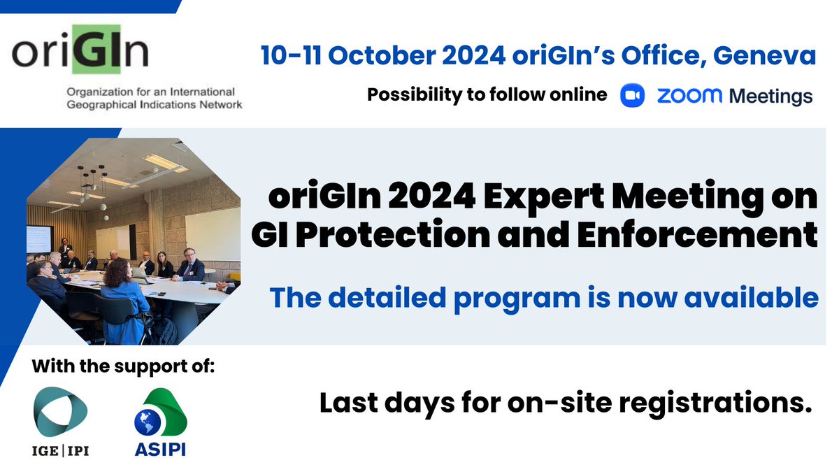 Check out the full program of our forthcoming Expert Meeting in #Geneva 🇨🇭 (10-11 October)

👉 rb.gy/9jhpsn

Don't miss a unique learning &amp; networking opportunity on the latest developments related to #GeographicalIndications protection &amp; enforcement.

<a href="/ige_ipi/">ige . ipi</a> <a href="/ASIPI_/">ASIPI</a>