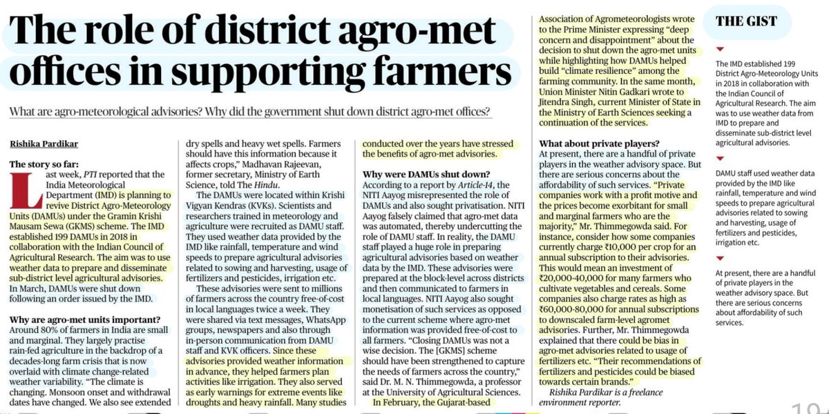 Ravikant Yadav (@imravikantyadav) on Twitter photo 'The role of District Agro-MET offices in supporting farmers'
:Details by Ms Rishika Pardikar
<a href="/rishpardikar/">Rishika Pardikar</a>
#IMD to revive #DAMUs ,their importance,reasons fr shutdown,Pvt players in Weather advisory space-concerns &
More info..
#agriculture #WeatherForecast
#UPSC
Source: TH 'The role of District Agro-MET offices in supporting farmers'
:Details by Ms Rishika Pardikar
<a href="/rishpardikar/">Rishika Pardikar</a>
#IMD to revive #DAMUs ,their importance,reasons fr shutdown,Pvt players in Weather advisory space-concerns &
More info..
#agriculture #WeatherForecast
#UPSC
Source: TH