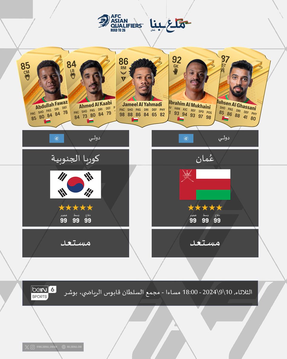 اخترنا فريقنا، ويلّا نلعب! 🎮
منتخبنا الوطني يواجه المنتخب الكوري الجنوبي في التصفيات الآسيوية… اليوم ⚽️🏆
اكتب توقعاتك في خانة التعليقات! 

#معاك_يا_احمرنا #كلنا_معك #ملعبنا_عُمان 
ML ؏ BNA OMAN