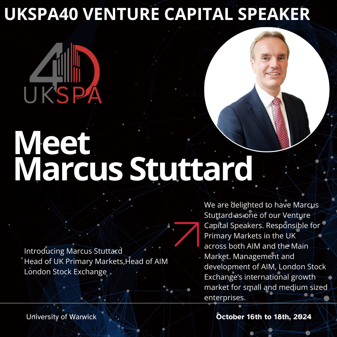 Great to have Marcus Stuttard, Head of UK Primary Markets, Head of AIM, <a href="/LSEplc/">London Stock Exchange</a>  join us for the <a href="/UKSPA/">UKSPA</a>  40th Anniversary Conference at <a href="/uniofwarwick/">University of Warwick</a>, 16-18 October. Join us - ukspa.org.uk/ukspa40/ #UKSPA #sciencepark #venturecapital #investment #funding #incubation #innovation