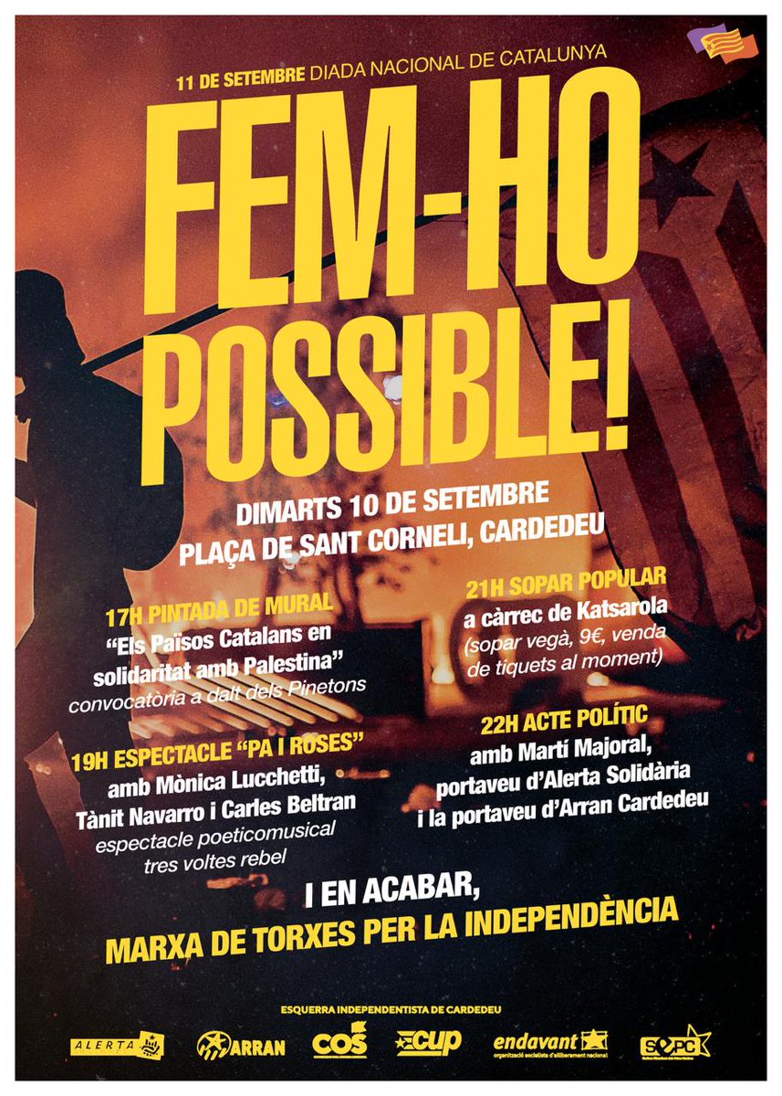 AlertaSolidaria's tweet image. 💫 On serem avui, vigília de la Diada?

Enguany participem als actes de l&apos;Esquerra Independentista de Cardedeu ✊🏼
#NinguQuedaEnrere #FemHoPossible
#Diada2024 #PaïsosCatalans