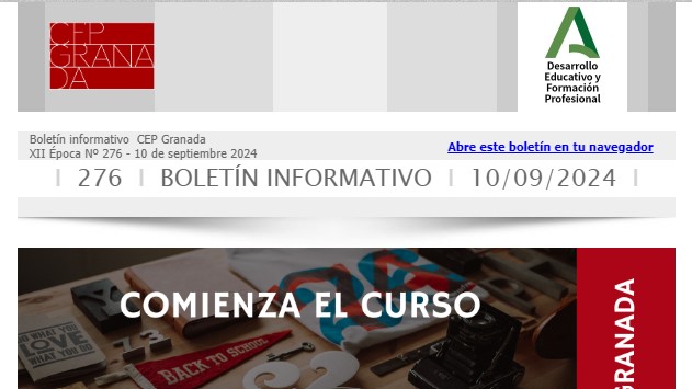 CONSULTA LAS ACTIVIDADES EN PLAZO DE INSCRIPCIÓN del <a href="/cepdegranada/">CEP de Granada</a>     I     Boletín 276    I     10 septiembre 2024     I       
ENLACE:  
trdpbgzw.cepgranada.org/web_version/r8…
<a href="/DG_IFP/">DG de Innovación y Formación del Profesorado</a> <a href="/FormacProfAnd/">Servicio de Planes de Formación</a>
#boletincepgranada #cursoscepdegranada