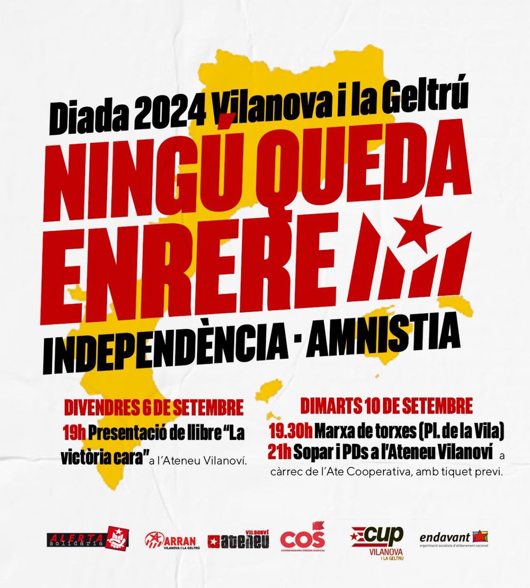 AlertaSolidaria's tweet image. 💫 On serem avui, vigília de la Diada?

Enguany participem als actes de l&apos;Esquerra Independentista de Vilanova i la Geltrú ✊🏼
#NinguQuedaEnrere #FemHoPossible
#Diada2024 #PaïsosCatalans