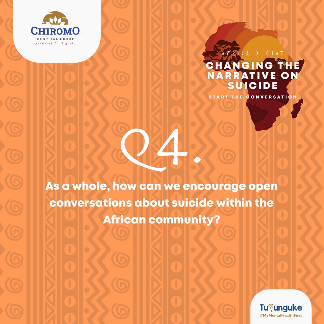 Chiromo Hospital Group (@chiromohospgrp) on Twitter photo Q4. As a whole, how can we encourage open conversations about suicide within the African community?
<a href="/AKUGIZIBWEJUL14/">AKUGIZIBWE JULIUS</a> <a href="/itsDRSM/">πππ§π’ππ₯π₯ππ€</a> <a href="/CEO_Amber/">Bakashaba Ambrose</a> <a href="/CathyWanjiru8/">Catherine Wanjiru</a> @shoonyaug <a href="/ChristineOmbima/">Christine Ombima</a> @KinyaNGitonga @Sulma_Kamel
<a href="/Drfishmuchiri/">Stephen Muchiri</a> <a href="/amanmasaule/">Amani Masaule</a> <a href="/ELwekiza79069/">Ester Lwekiza</a> @justtherapies @JoviaKusima Q4. As a whole, how can we encourage open conversations about suicide within the African community?
<a href="/AKUGIZIBWEJUL14/">AKUGIZIBWE JULIUS</a> <a href="/itsDRSM/">πππ§π’ππ₯π₯ππ€</a> <a href="/CEO_Amber/">Bakashaba Ambrose</a> <a href="/CathyWanjiru8/">Catherine Wanjiru</a> @shoonyaug <a href="/ChristineOmbima/">Christine Ombima</a> @KinyaNGitonga @Sulma_Kamel
<a href="/Drfishmuchiri/">Stephen Muchiri</a> <a href="/amanmasaule/">Amani Masaule</a> <a href="/ELwekiza79069/">Ester Lwekiza</a> @justtherapies @JoviaKusima