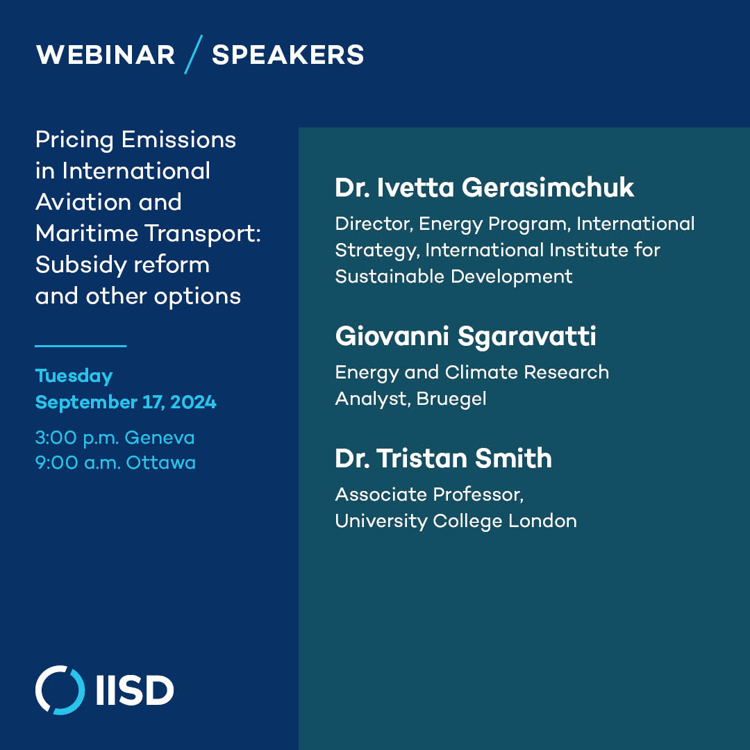 IISD Energy (@iisd_energy) on Twitter photo 📣Next week—Aviation & shipping have broad fossil fuel tax exemptions, how can gov'ts reform subsidies to support the energy transition?
On Sept. 17 don't miss this event featuring speakers from <a href="/Bruegel_org/">Bruegel</a>, <a href="/MinisterieKGG/">Ministerie van Klimaat en Groene Groei</a>, <a href="/UCL_Energy/">UCL Energy Institute</a>, & IISD.
Register: iisd.org/events/pricing… 📣Next week—Aviation & shipping have broad fossil fuel tax exemptions, how can gov'ts reform subsidies to support the energy transition?
On Sept. 17 don't miss this event featuring speakers from <a href="/Bruegel_org/">Bruegel</a>, <a href="/MinisterieKGG/">Ministerie van Klimaat en Groene Groei</a>, <a href="/UCL_Energy/">UCL Energy Institute</a>, & IISD.
Register: iisd.org/events/pricing…