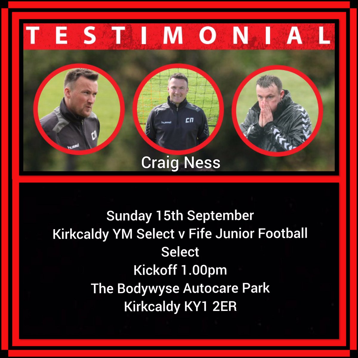 A big reminder of Craig Ness’s big day on Sunday with his Testimonial Match coming up. Entry is bucket donation with the proceeds going to Craig’s Testimonial fund 🔴⚫️🔴