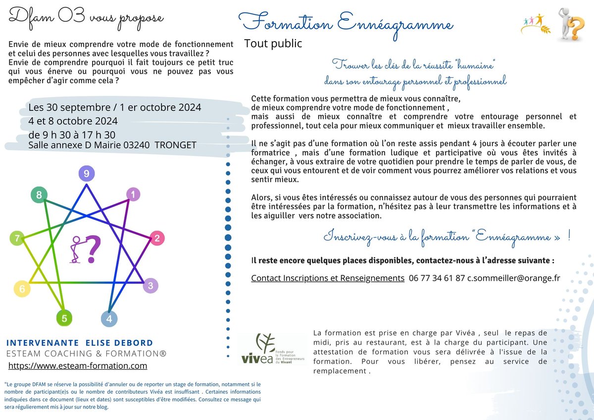 Si vous êtes intéressés ou connaissez autour de vous des personnes qui pourraient être intéressées par la formation, n’hésitez pas à leur transmettre les informations et à les aiguiller  vers notre association.
Il reste encore quelques places disponibles, contactez-nous !