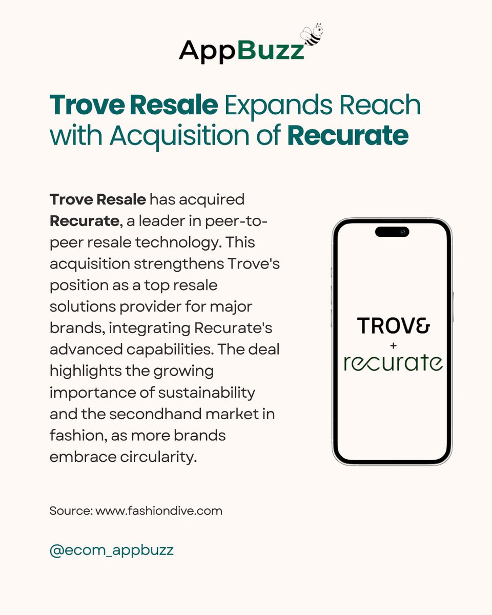 appbuzz_ai's tweet image. 🚨 Big news in #Sustainability! Trove Resale expands with the acquisition of Recurate, advancing the #CircularFashion movement ♻️

This deal highlights the importance of #ResaleTech and the growing secondhand market 🛍️✨

#FashionTech #Ecommerce #ResaleRevolution