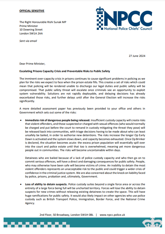 matt_dathan's tweet image. Excl: Rishi Sunak ignored a direct plea from Britain&apos;s most senior police officers who wrote to him a week before the election urging him to announce the SDS40 early release measure. 

They warned that failure to act would leave criminals exploiting the prisons crisis and police…