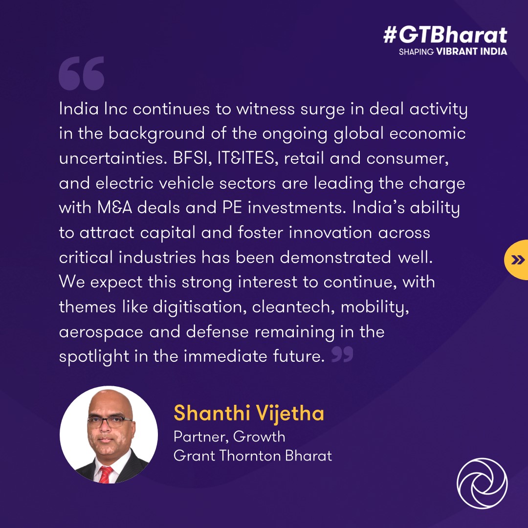 GrantThorntonIN's tweet image. Despite geopolitical challenges, India's #dealactivity surged with USD 8.7 billion in deals, a 63% increase. Telecom and electric vehicle sectors led the growth, driven by government initiatives and investor confidence. 

Read here: brnw.ch/21wMvEH

#deals #privateequity