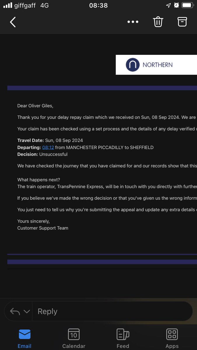⁦<a href="/TPExpressTrains/">TransPennine Express</a>⁩ your website says any delay repay for tickets bought from another provider has to go through them but I’ve received this email from ⁦⁦<a href="/northernassist/">NORTHERN 🚆</a>⁩. Can you help in terms of the next steps to get compensation for the cancelled train. Thanks
