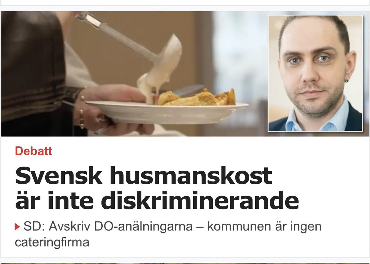 Idag debatterar SD:s Michael <a href="/rubbestad/">Michael Rubbestad</a> i <a href="/Aftonbladet/">Aftonbladet</a> om skolmaten i Uddevalla kommun som blivit DO-anmälda då elever som av religiösa skäl inte äter fläsk fortsättningsvis erbjuds skolans för dagen vegetariska alternativ.

”Diskrimineringslagen ska inte användas för att driva
