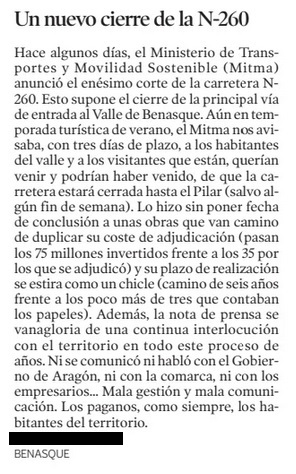 Sobre el cierre, enésimo, de la N260.