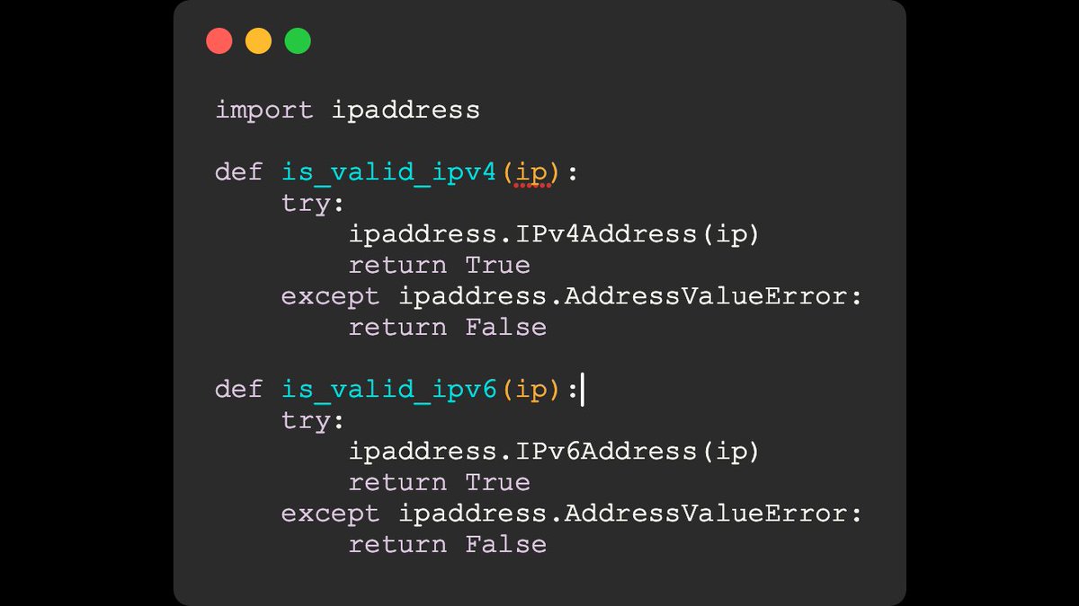 PiotrW_CCIE's tweet image. Nie wymyślajmy koła na nowo. O ile pisanie własnych metod weryfikujących poprawność adresu IPv4 i IPv6 to dobre ćwiczenie do nauki języka #Python to na podukcji lepiej skorzystać z wbudowanej biblioteki ipaddress. #devnet #programowanie #automatyzacja #wtorkizpythonem