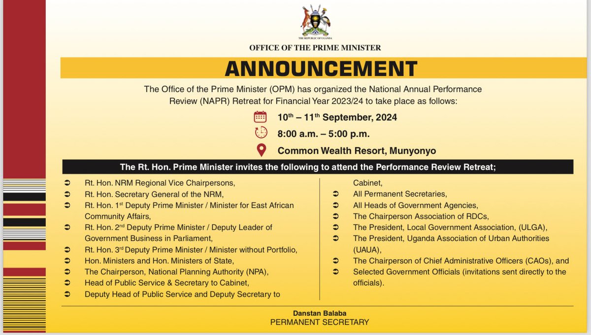 OPMUganda's tweet photo. PM ⁦@R_Nabbanja⁩ is today expected to open the Review of the National Annual Performance Report (NAPR) 2024 @ Speke Resort Munyonyo. ⁦@OPMUganda⁩ , ⁦@Codongtho⁩, ⁦@newvisionwire⁩, @nbstv⁩, ⁦@ubctvuganda⁩, ⁦@ntvuganda⁩ , ⁦@DailyMonitor⁩ https://t.co/0mQ2z2W6S3