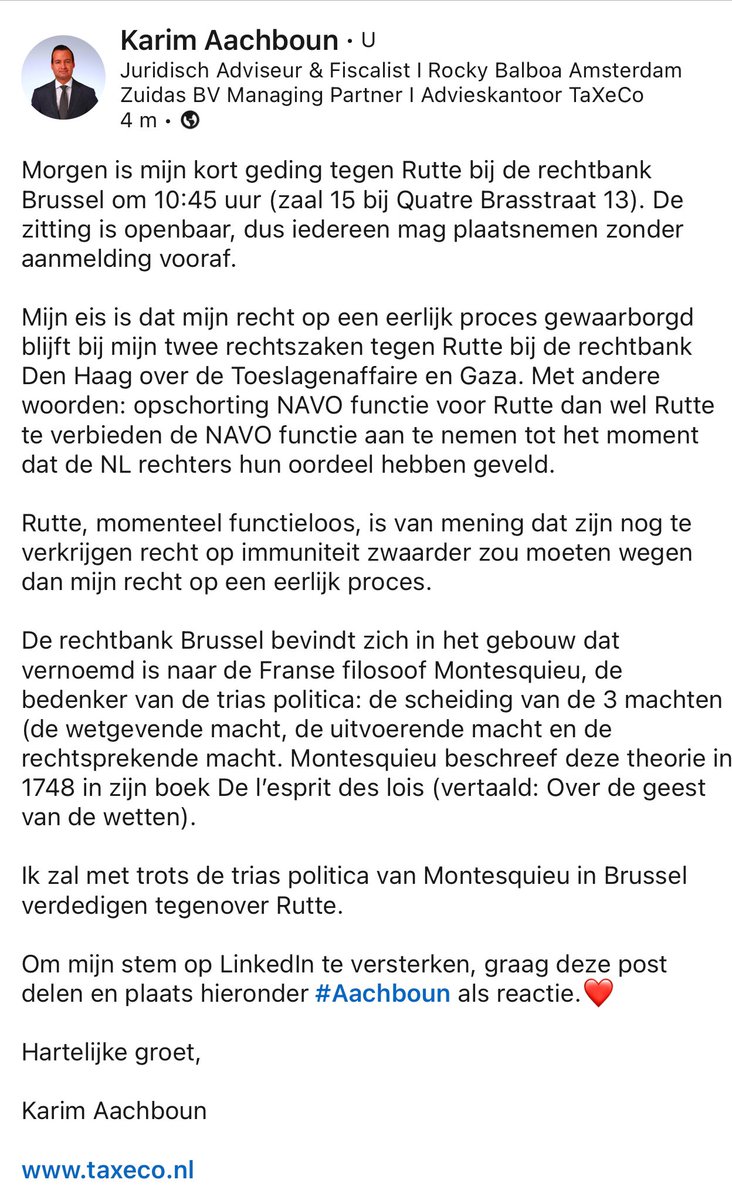 Morgen 11 sept 2024 is mijn kort geding tegen #Rutte #NATO bij de rechtbank Brussel om 10:45u (zaal 15 bij Quatre-Brasstraat 13). Aanmelding is niet nodig. Ik doe deze zaak op eigen kosten, waarbij ik de scheiding der machten met trots zal verdedigen. Like &amp; Repost als steun!🫡❤️