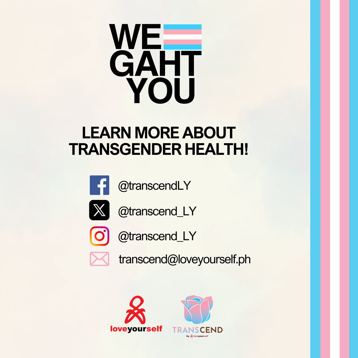 transcend_ly's tweet photo. @LoveYourselfPh Remember, it is important to always seek guidance from doctors specializing in transgender health for your medical transitioning journey. Don't know where to go? #weGAHTyou! Book an appointment with us through https://t.co/oZkY8FGAYw

#TRANScendByLoveYourself
#LoveYourselfPH https://t.co/nNffHNgG4O