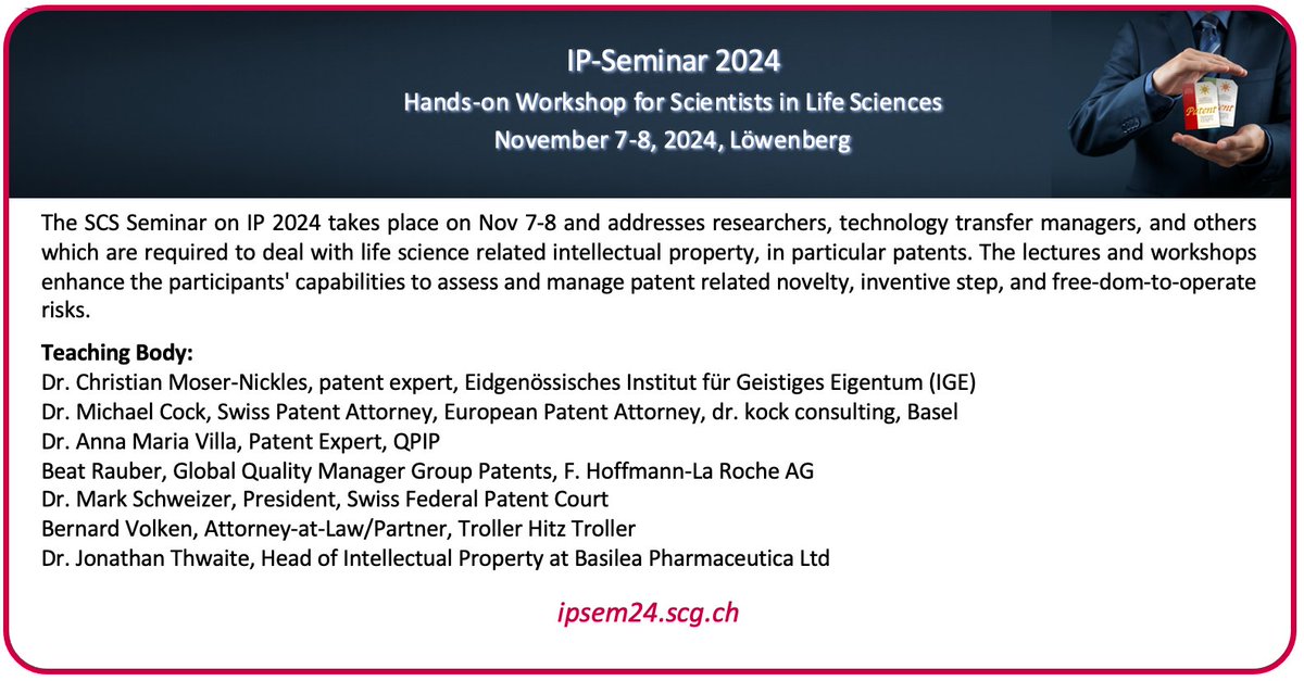 📢Seminar on Intellectual Property
«Hands-on Workshop for Scientists in Life Sciences»
🗓️Nov 7-8, 2024 @ Centre Löwenberg Murten
Don't miss the opportunity and register now: ipsem24.scg.ch
#ipsem24 #scs #IP #seminar #switzerland