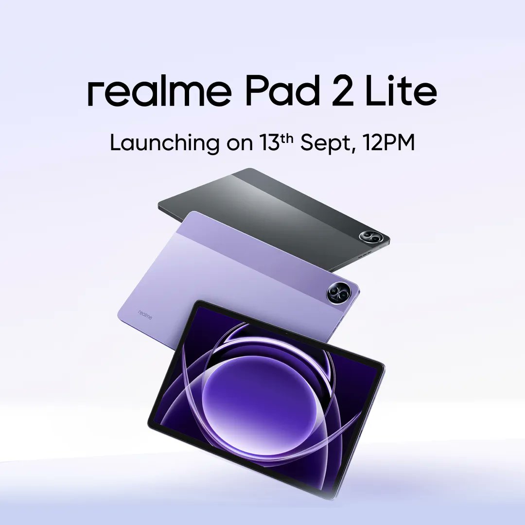 TechCrux4U's tweet photo. @realmeIndia 👀 #realmePad2Lite is 🚀launching on 13th Sept, 2024 in 🇮🇳

Specs'👇🏻

➡️ 2K, 90Hz Display 📱 
➡️ MTk Helio G99 🦾 
➡️ 8300mAh 🔋 
➡️ Stereo Quad Speakers 
➡️ 16GB Dynamic RAM
➡️ 128GB Storage 
➡️ realme UI 5.0

#realme #realmePad https://t.co/x1McxlnkNf