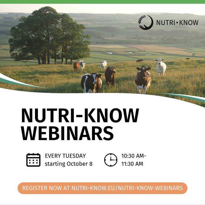 A scenic farm landscape featuring cows grazing in an open field under a clear sky. A large tree stands in the background, and rolling hills stretch out into the distance. The top right corner displays the NUTRI-KNOW logo. Below the image is a banner promoting 'NUTRI-KNOW Webinars,' which take place every Tuesday starting October 8 from 10:30 AM to 11:30 AM. A link for registration is included at the bottom: 'Register now at nutri-know.eu/nutri-know-webinars.