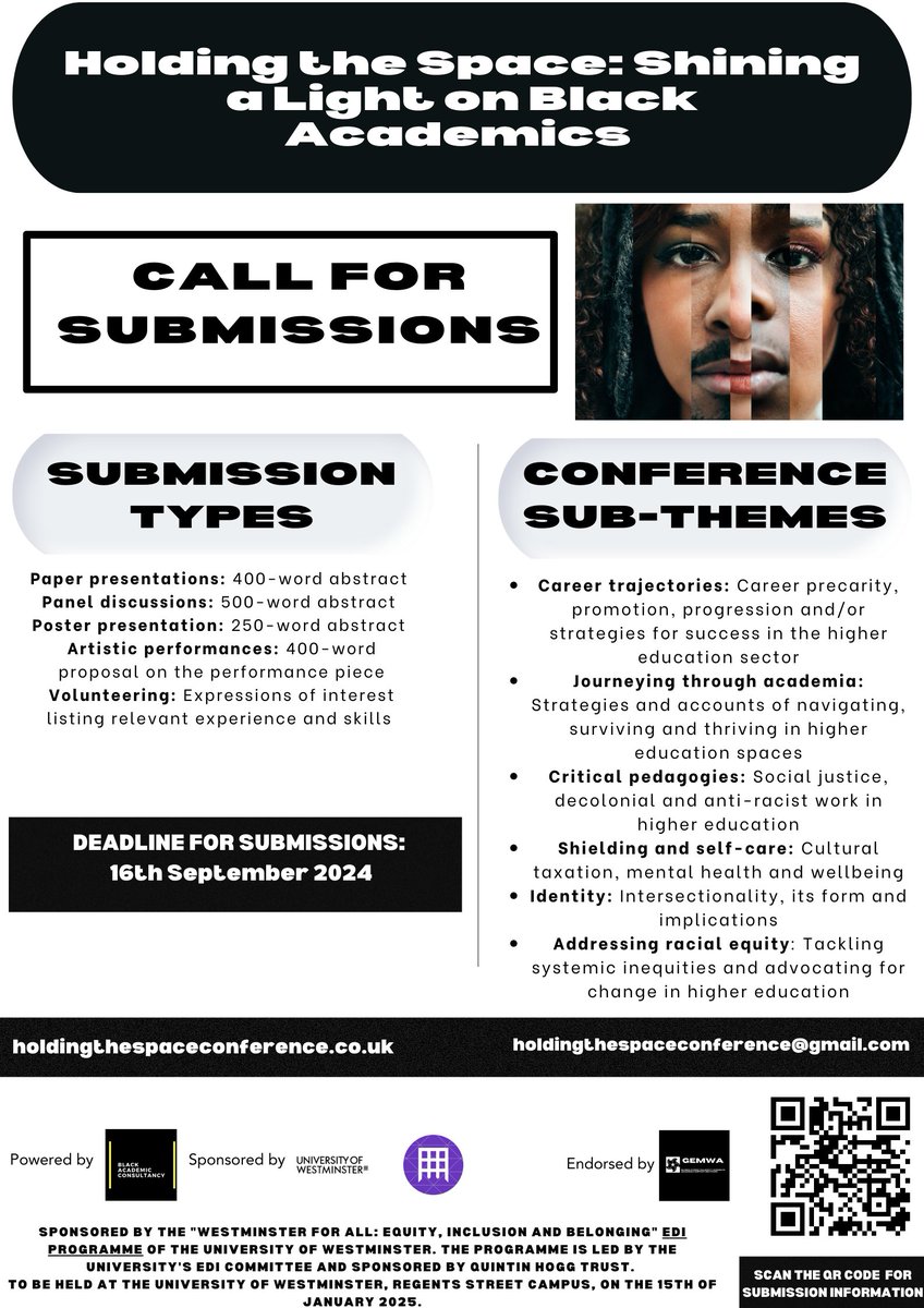 π»π£ Iyabo O 'πππ«' π§πΎββοΈ (@dryazo) on Twitter photo π Call for submissions: Holding the Space: Shining a light on Black academics to be held at <a href="/UniWestminster/">University of Westminster</a>
π· Submission deadline: 16th September, visit holdingthespaceconference.co.uk #equity π Call for submissions: Holding the Space: Shining a light on Black academics to be held at <a href="/UniWestminster/">University of Westminster</a>
π· Submission deadline: 16th September, visit holdingthespaceconference.co.uk #equity