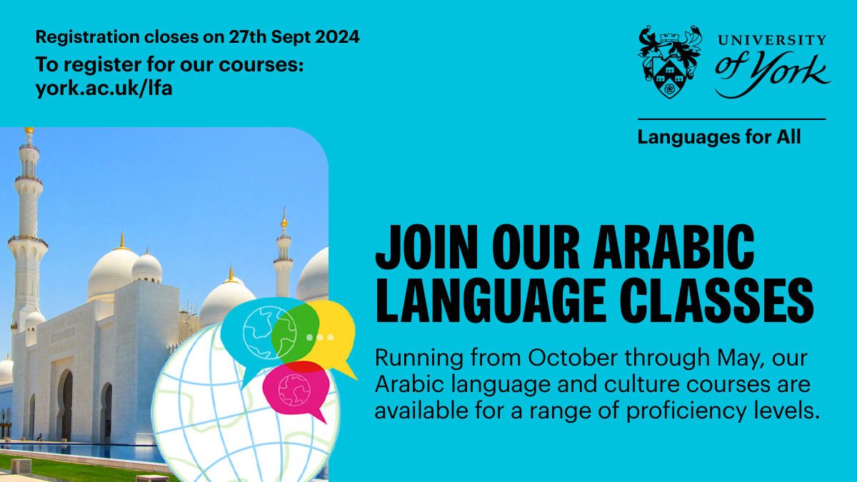 UniOfYorkLFA's tweet photo. JOIN OUR ARABIC LANGUAGE AND CULTURE CLASSES. Running from October through May, our Arabic language courses are available for a range of proficiency levels.
👉To find out more about it visit our website: https://t.co/G0XJgnsZp6 https://t.co/DByR4bk8mK